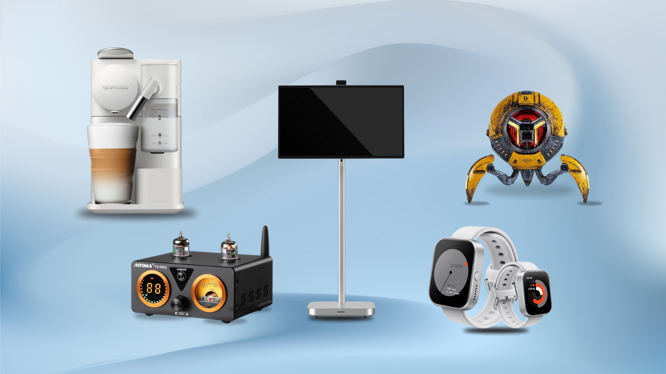 Smart home gadgets lineup including Nespresso® Lattissima One Coffee Machine in Porcelain White, CMF BY NOTHING 1.96” Watch Pro Smartwatch, AIYIMA T9 PRO 200W Bluetooth Amplifier with Vacuum Tube DAC, PRISM+ Roam Ultra 32 4K UHD Touchscreen Display, and Gravastar Mars Pro Bluetooth Speaker – modern tech for connected living.