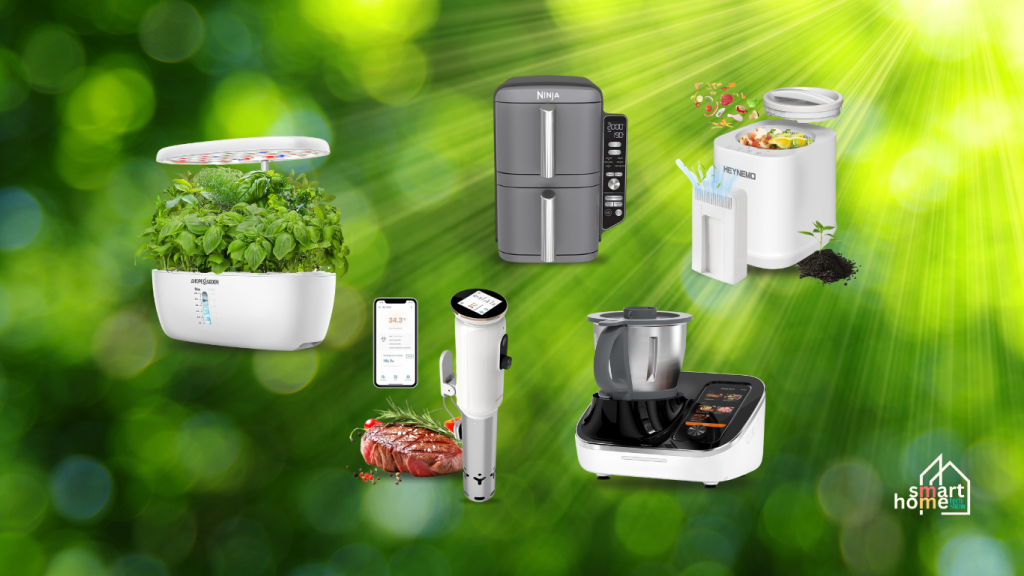 A collage of five modern kitchen appliances, including an indoor hydroponic garden, a dual-basket air fryer, a kitchen composter, a sous vide immersion circulator with a smartphone app display, and a smart cooking food processor with a touchscreen. All appliances are set against a vibrant, sunlit green background with a "smart home" logo in the lower right corner.