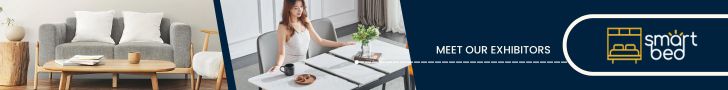A horizontal banner divided into three sections. The left section shows a living room with a grey sofa, wooden coffee table, and white pillows. The middle section features a woman sitting at a modern dining table. The rightmost section is dark blue with white text "MEET OUR EXHIBITORS" and a golden "smart bed" logo featuring a bed icon.