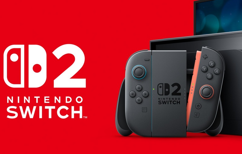 Nintendo Switch 2 logo in white on a red background, next to the console with attached Joy-Cons, featuring a similar white and orange color scheme on a black device.