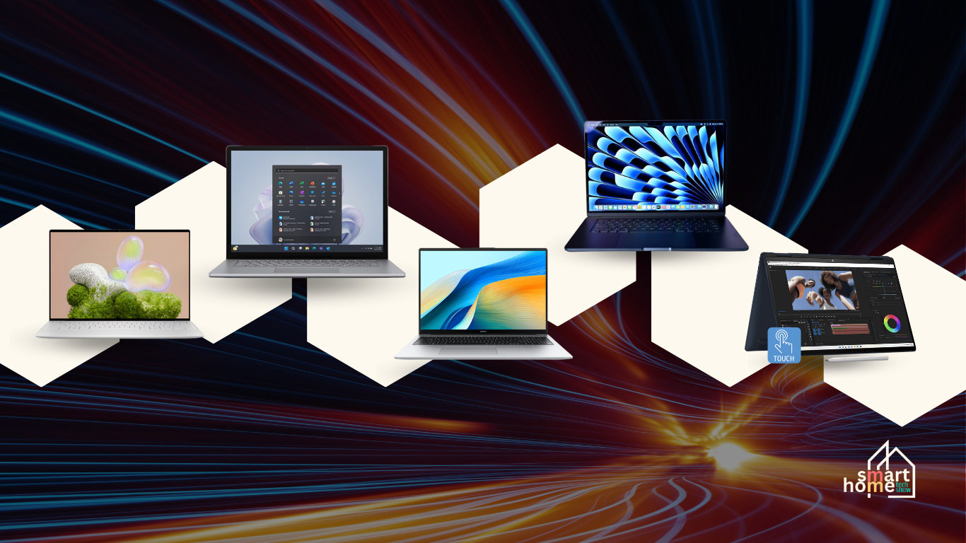 A promotional image titled "10 Best Laptops for School & Productivity 2025" features five laptops arranged diagonally from left to right against a dark, futuristic background with streaks of light in red, orange, and blue. Each laptop is placed on a light-colored, hexagonal platform. From left to right, the laptops appear to be: a light green laptop displaying a nature scene; a silver laptop showing a Windows interface; a silver Huawei Matebook D 16 with a blue and orange abstract wallpaper; a dark blue or black MacBook with a blue geometric pattern on its screen; and a grey desktop computer with a detached screen displaying video editing software, with a "TOUCH" icon near its base. The "smart home" logo is in the bottom right corner.