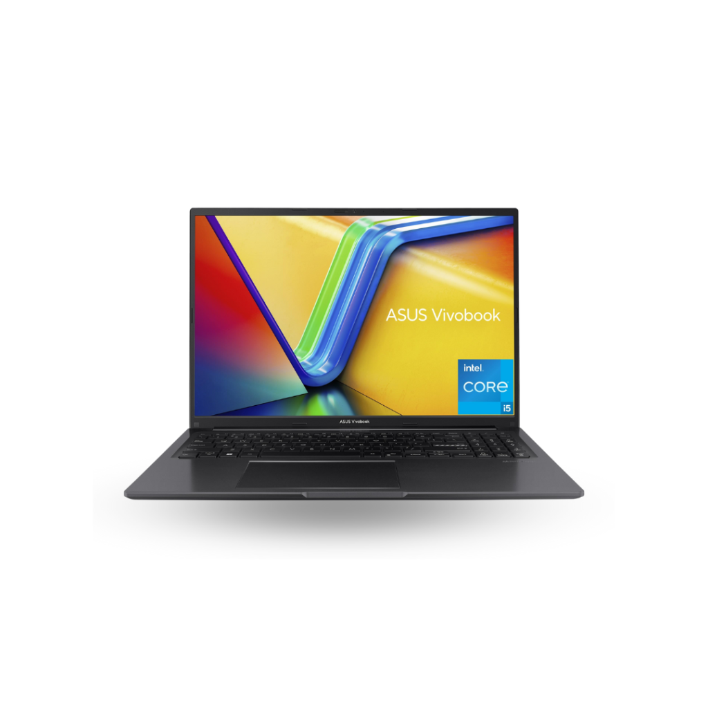 A dark gray ASUS Vivobook 16 laptop is shown open and angled slightly towards the viewer on a white background. The screen displays a colorful abstract wallpaper with the "ASUS Vivobook" logo in the top right and an "intel CORE i5" sticker in the bottom right. The keyboard is black, matching the laptop's body.