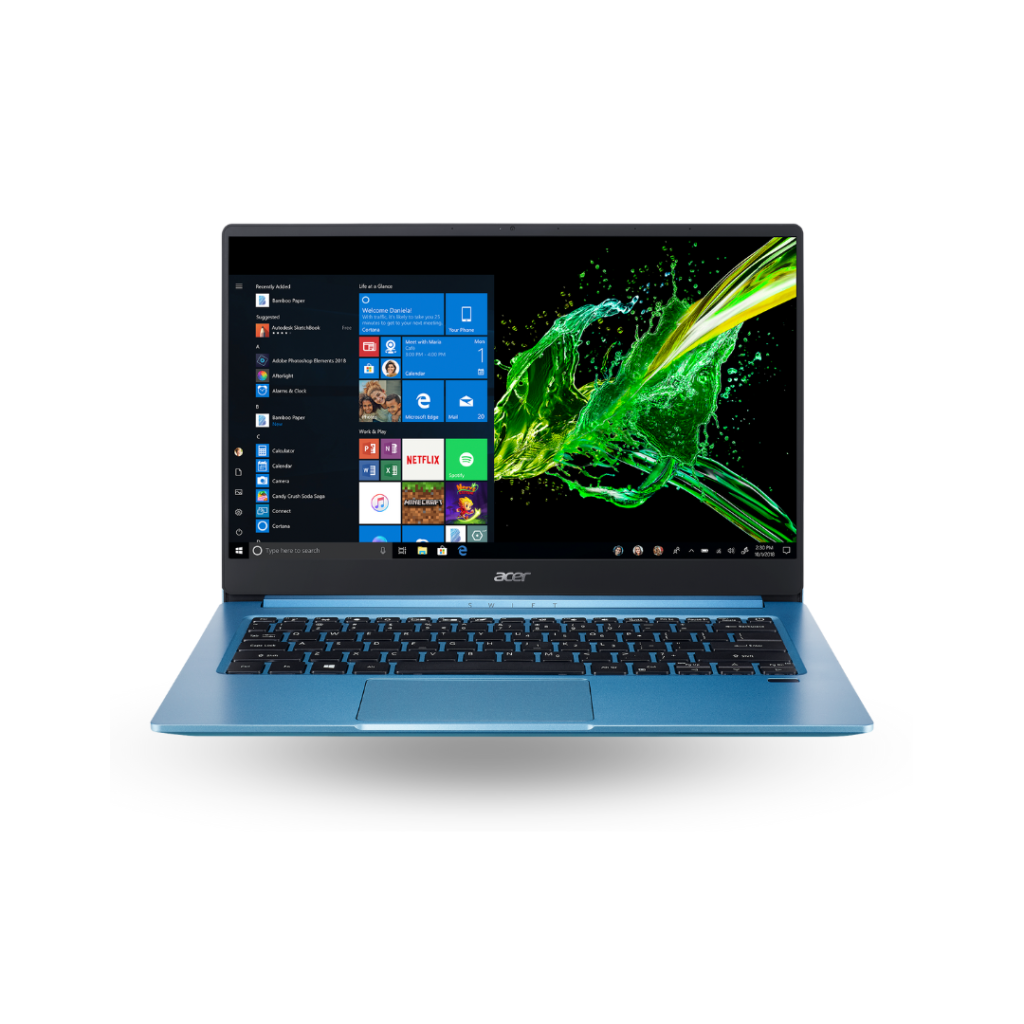 A teal blue Acer Swift 3 laptop is shown open and angled slightly towards the viewer on a white background. The screen displays the Windows 10 desktop with several application icons visible, and a vibrant green and yellow abstract wallpaper. The keyboard is black, contrasting with the laptop's body.