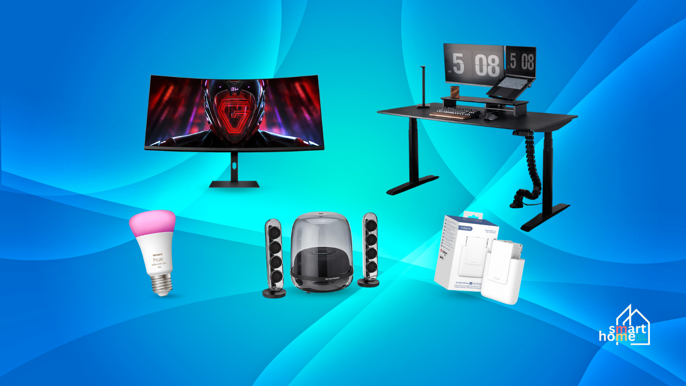 A collection of smart, design-forward products that reflect the evolution of modern living spaces. Featuring the Philips Hue E27 Bulb for customizable lighting, the Harman Kardon SoundSticks 4 for immersive audio with iconic design, the Aqara Curtain Driver E1 for automated window control, the Omnidesk Essential for ergonomic productivity, and the Xiaomi Mi 34 inch Curved Gaming Monitor for smooth multitasking and immersive visuals—each product enhances comfort, functionality, and lifestyle integration.