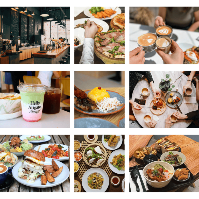 This nine-panel image showcases a variety of cafe and restaurant experiences. The top row features an inviting cafe interior, hands sharing a pizza, and a celebratory toast with latte art. The middle row highlights individual drinks, a plated steak meal, and a shared brunch scene with multiple dishes. Finally, the bottom row presents a spread of Western comfort food including a burger, an assortment of Asian small plates, and several bento-style meals.