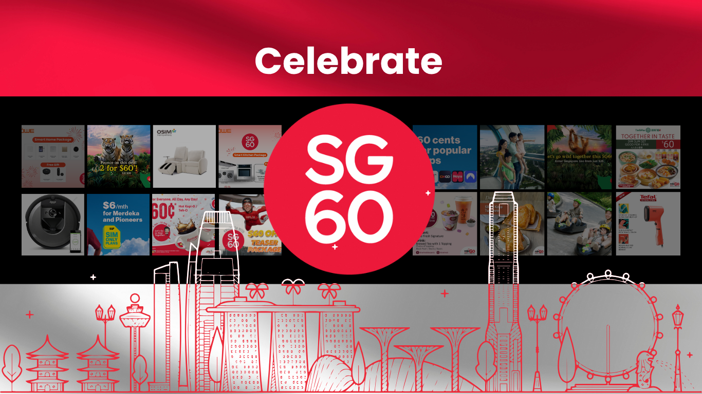 The image displays a celebratory theme with the word "Celebrate" at the top center. A large red circle with "SG 60" in white text is centrally placed. This "SG 60" emblem is overlaid on a grid of various advertisements or promotional deals, each likely related to Singapore's 60th anniversary. Below this grid, there is a red outline of the Singapore skyline, featuring iconic landmarks such as the Marina Bay Sands, the Singapore Flyer, Supertrees from Gardens by the Bay, and other recognizable buildings and structures, all against a dark background. The overall impression is a vibrant advertisement or campaign promoting deals and celebrations for Singapore's 60th anniversary, set against the backdrop of its iconic cityscape.