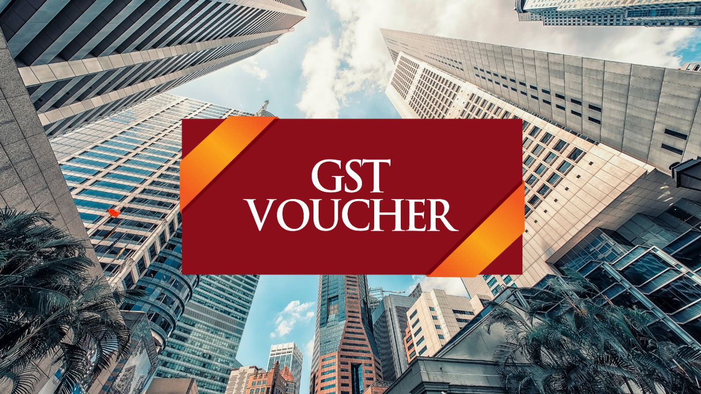 GST Voucher banner with bold red and orange design over a modern Singapore skyline with tall office buildings and palm trees, representing government cash payout and MediSave top-up scheme.