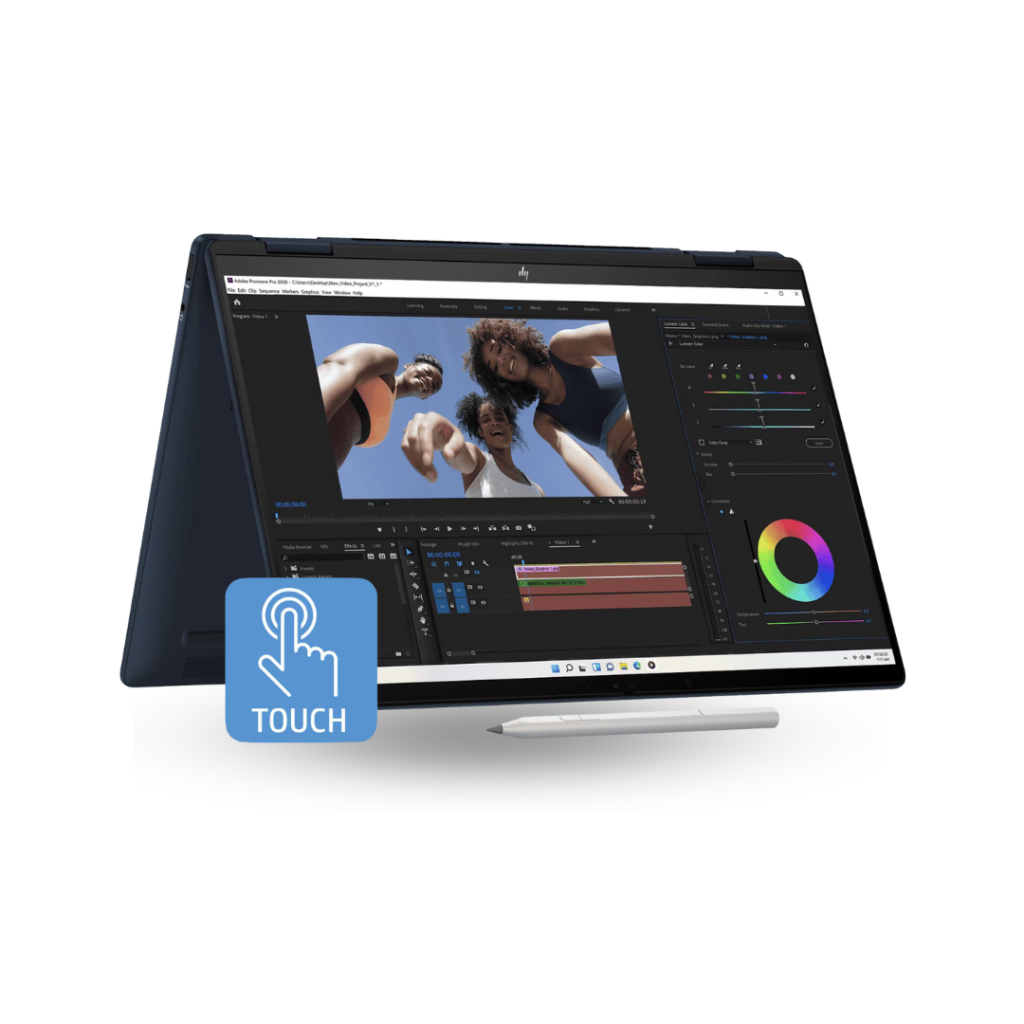 A dark blue HP Envy x360 2-in-1 laptop is shown in tent mode, angled towards the viewer on a white background. The screen displays video editing software with a timeline and preview window showing three people looking up at the camera. A white stylus rests on the surface in front of the laptop. A blue icon with a hand touching a screen and the word "TOUCH" is overlaid in the bottom left corner of the image.
