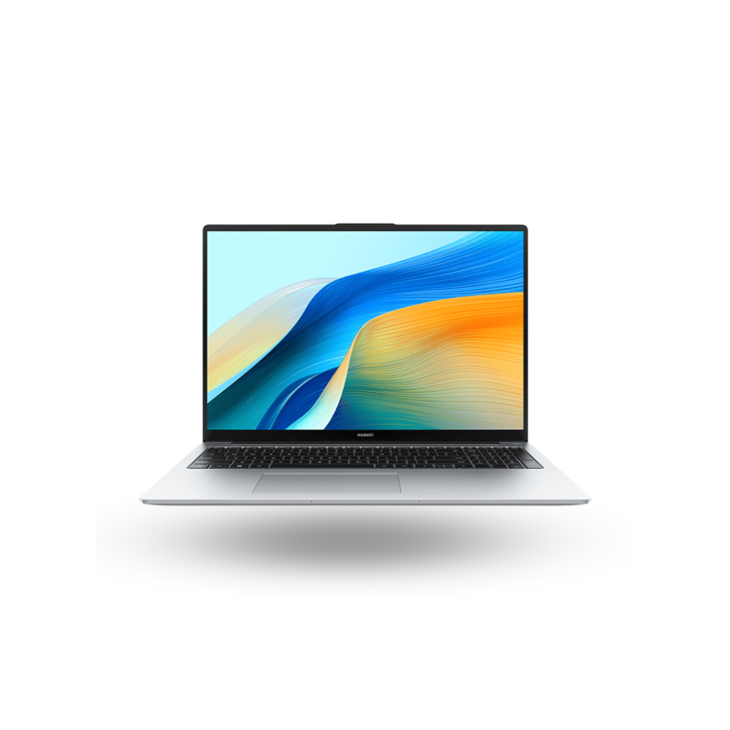 A silver HUAWEI MateBook D 16 laptop is shown at a slightly low angle, centered against a plain white background. The laptop is open, displaying a colorful, abstract digital wallpaper with flowing shapes in shades of blue, orange, and yellow. The keyboard and trackpad are visible below the screen.