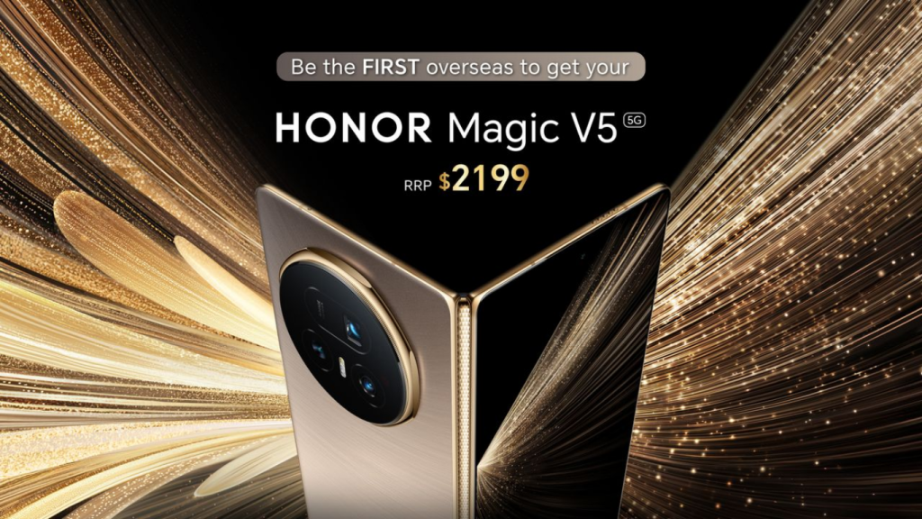 The image is an advertisement for the Honor Magic V5 5G foldable smartphone. The phone, in a gold or champagne color, is prominently displayed in the center, partially folded, showcasing its large circular camera module on the left half. The background is a dramatic blend of dark and golden hues with shimmering, streaking light effects that radiate outwards, giving a luxurious and futuristic feel. Text on the image reads: "Be the FIRST overseas to get your" "HONOR Magic V5 ⁵ᴳ" "rrp $2199"