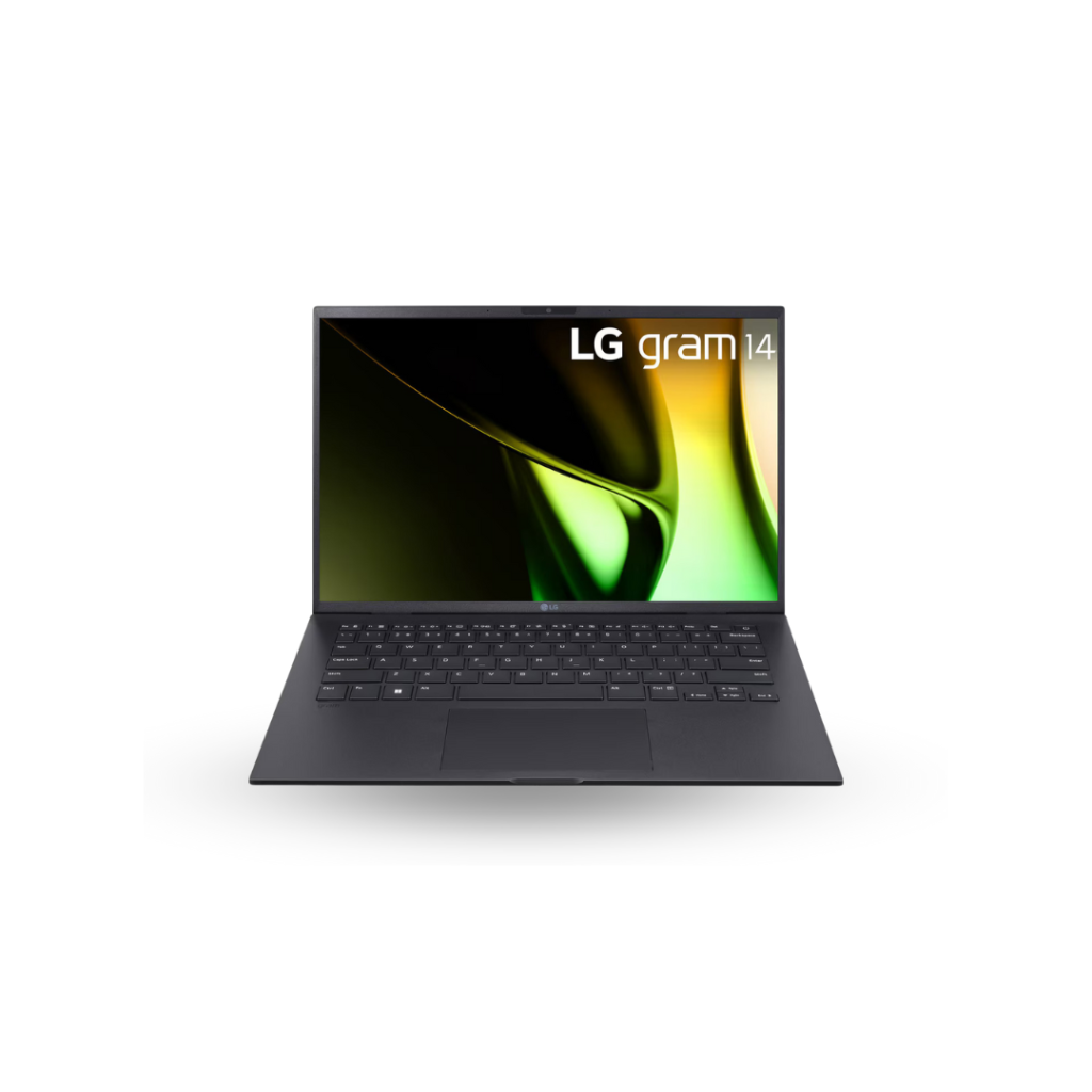 A dark gray LG Gram 14 laptop is shown open and facing directly forward on a white background. The screen displays a dark wallpaper with abstract green and yellow flowing shapes, and the "LG gram 14" logo prominently displayed in the top center. The keyboard is black, matching the laptop's body.