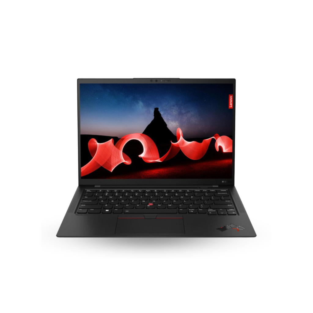 A black Lenovo ThinkPad X1 Carbon Gen 11 laptop is shown open and facing directly forward on a white background. The screen displays a dark, dramatic landscape with a mountain silhouette against a night sky, illuminated by flowing red light trails. The iconic red TrackPoint is visible on the black keyboard.
