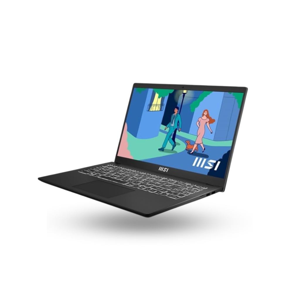 A black MSI Modern 14 laptop is shown open and angled towards the viewer on a white background. The screen displays a colorful illustration of a man walking a small dog and a woman walking in a stylized outdoor setting with buildings and trees. The MSI logo is visible on the screen. The keyboard is black with white backlighting.