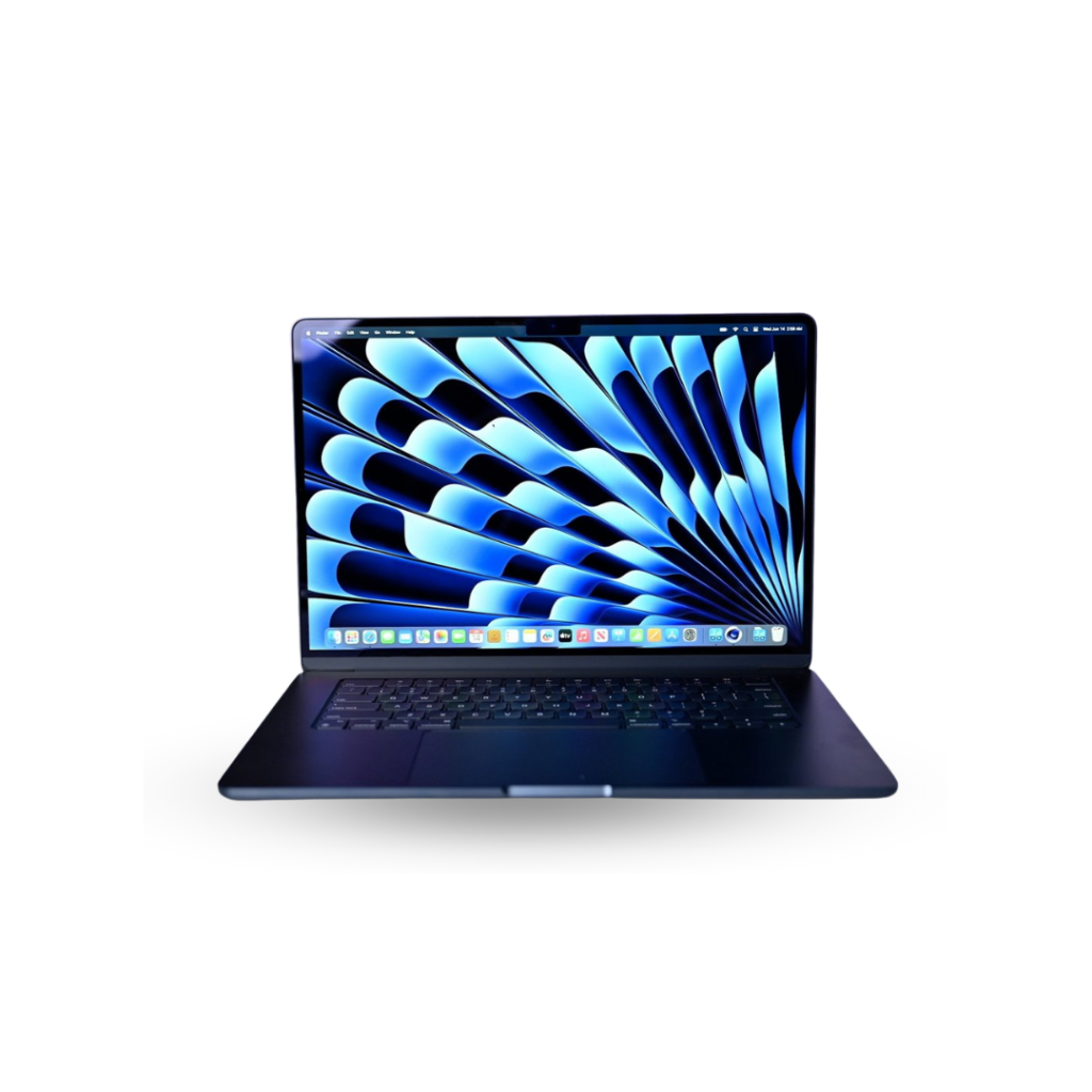 A dark blue MacBook Air laptop, possibly an M4 model, is shown open and facing directly forward on a white background. The screen displays a blue abstract wallpaper with a fan-like or radial pattern. The macOS dock and menu bar are visible. The keyboard is black, matching the laptop's body.