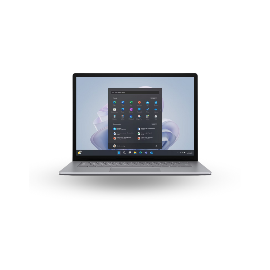 A platinum (light silver) Microsoft Surface Laptop 5 is shown open and facing directly forward. The screen displays the Windows 11 desktop with the Start Menu open, showing pinned applications like Edge, Word, and Excel, along with recommended documents. The keyboard is also platinum, matching the laptop's body.