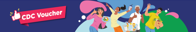 The image is a vibrant horizontal banner promoting "CDC Voucher." On the left, a prominent red ribbon features a thumbs-up icon and the "CDC Voucher" text, set against a deep blue background. The right side of the banner depicts four diverse, cheerfully illustrated individuals engaged in shopping and dining activities, suggesting the versatility of the voucher. One woman holds a plate of food, another pushes a grocery cart while seemingly taking a selfie, an older man expresses surprise or excitement, and a final man waves while holding a shopping bag. Abstract colorful shapes in pink, light blue, and green add a dynamic backdrop to the scene, reinforcing a sense of community and the benefits associated with the voucher.