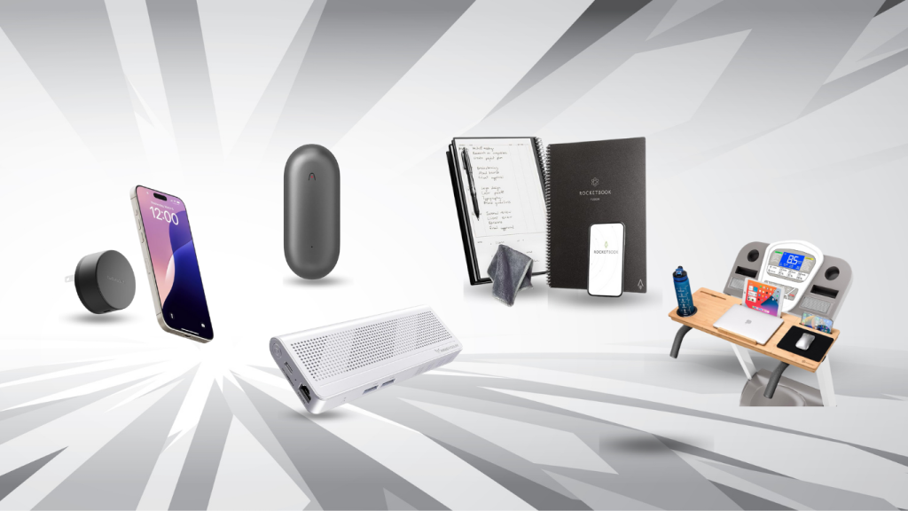 A collection of five smart gadgets is presented on a wavy grey fabric background. The top row features the Twelve South PowerBug wireless charger next to a smartphone, the Owl Labs Meeting Owl 3 video conferencing device, and the Minisforum S100 mini PC. The bottom row displays the Plaud Notepin wearable voice recorder and the Rocketbook Fusion Smart Reusable Notebook with a smartphone showing its app. A small "smart home" logo is visible in the bottom right corner.