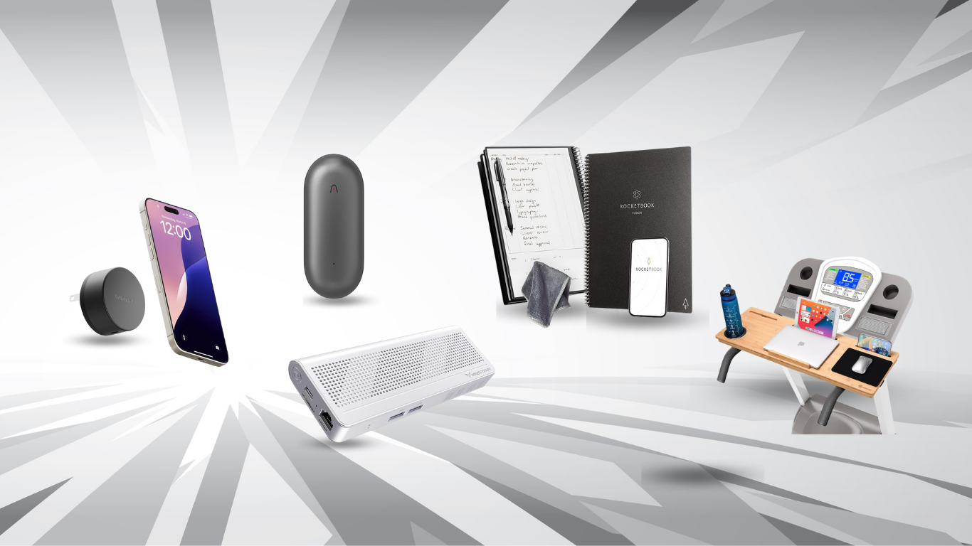 A collection of five smart gadgets is presented on a wavy grey fabric background. The top row features the Twelve South PowerBug wireless charger next to a smartphone, the Owl Labs Meeting Owl 3 video conferencing device, and the Minisforum S100 mini PC. The bottom row displays the Plaud Notepin wearable voice recorder and the Rocketbook Fusion Smart Reusable Notebook with a smartphone showing its app. A small "smart home" logo is visible in the bottom right corner.
