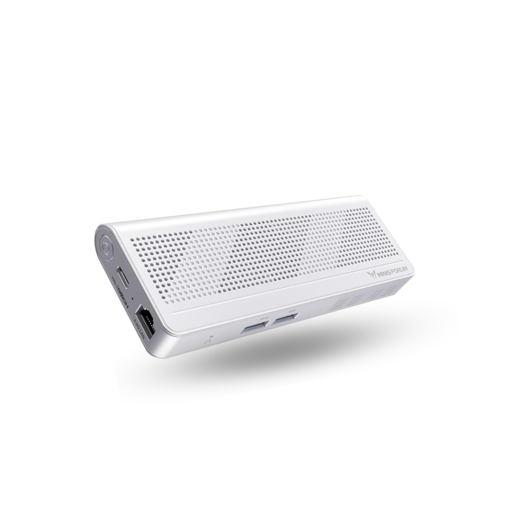A 3D render of the "Minisforum S100" mini PC, a small, white rectangular device with rounded ends. The device is shown at an angle, highlighting its perforated top surface and various ports on the sides. On the left end, a USB-C port and a LAN port are visible. The top surface has a grid of small holes and the "MINISFORUM" logo printed on it. On the right side of the device, two USB-A ports and a power button are visible.