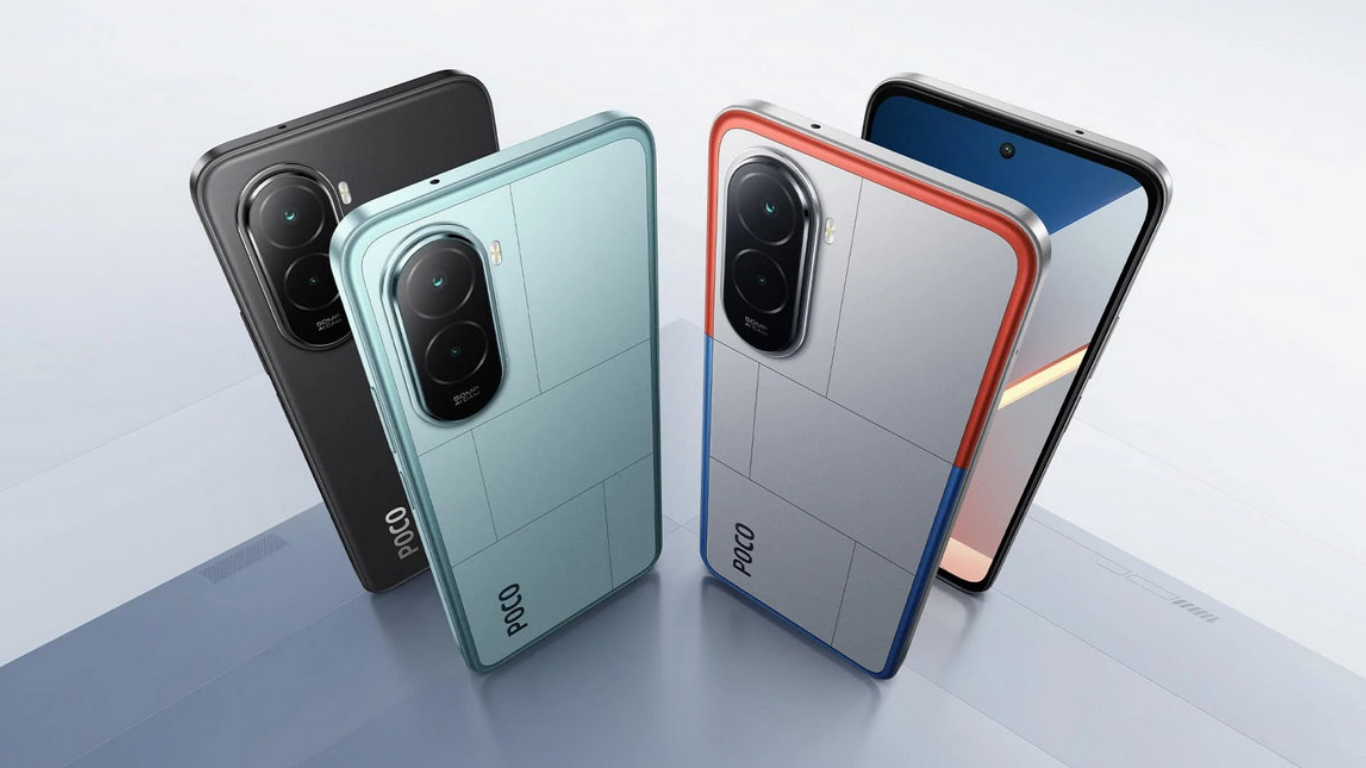 A product shot of three POCO smartphones lying in a fan-like arrangement, showing their backs and screens. The phones are a solid dark gray, a solid light green, and a white phone with red and blue accents around the edge and in a grid pattern on the back. The two solid-colored phones have a large black camera module with two large lenses and the POCO logo written vertically on the left side of the back. The multi-colored phone is similar but also features a red accent stripe along the top right and blue accent stripe on the bottom left of the camera module. The screens of all three phones are visible, with the multi-colored phone's screen showing a blue background and the other two showing a black background.