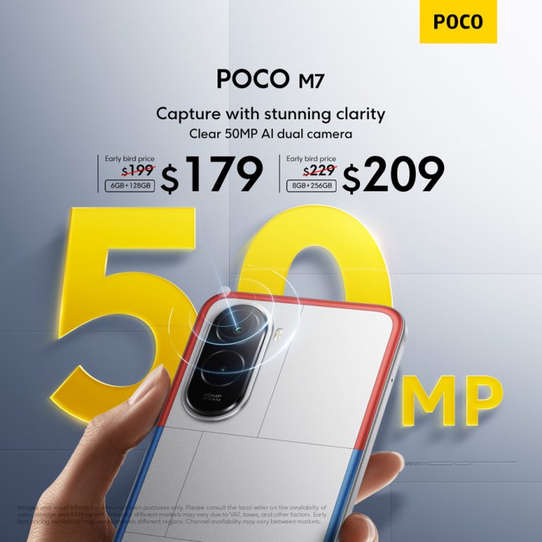 A marketing image for the POCO M7 smartphone. The background is a plain light gray. A hand holds a white POCO M7 phone with red and blue accents around the edge and in a grid pattern on the back. The large numbers "50" are written in bold yellow in the foreground, with the letters "MP" to the right of the phone. At the top of the image, the words "POCO M7" are written, followed by "Capture with stunning clarity" and "Clear 50MP AI dual camera". The top right corner has the POCO logo in a yellow rectangle. To the left and right of the phone, two price tags are shown. The first price tag says "Early bird price $199" and "6GB+128GB", with a large "$179" next to it. The second price tag says "Early bird price $229" and "8GB+256GB", with a large "$209" next to it.