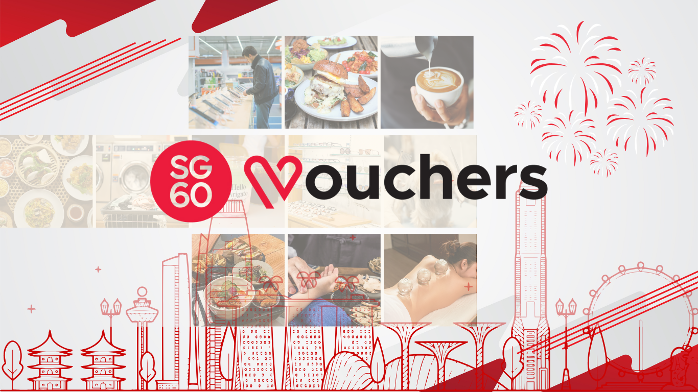 A promotional banner titled "Your Complete SG60 Voucher Guide Everything You Need to Know." The background is a mix of white and red with abstract diagonal lines and outlines of Singaporean landmarks like Marina Bay Sands, the Singapore Flyer, and Gardens by the Bay. On the right, red and white fireworks are depicted. In the center, large red text reads "SG 60 Vouchers," with "SG 60" in a red circle. Overlaid on the word "Vouchers" are several smaller, semi-transparent images showcasing various activities and services, including: a person shopping, food dishes, a coffee cup with latte art, a layered drink, a person typing on a keyboard, a close-up of sushi or food in a bowl, a person's wrist being held, and a person receiving a cupping treatment.