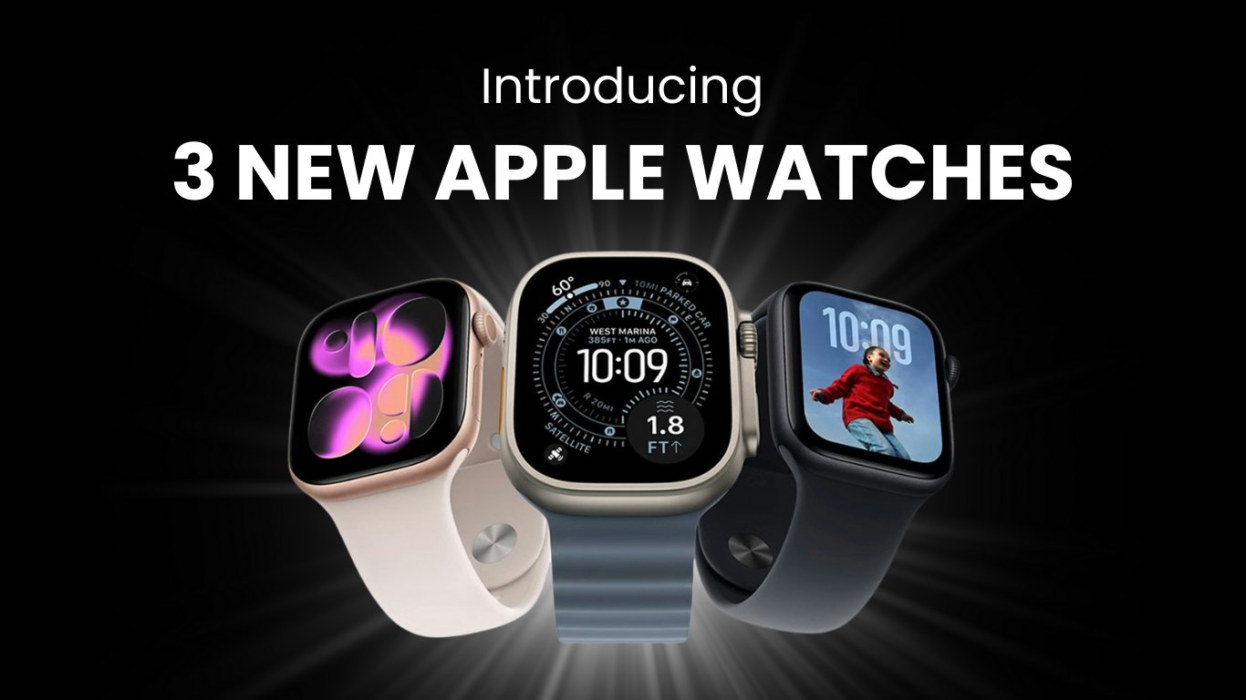 Three new Apple Watch models are displayed against a black background with radiating light. The watches feature different watch faces, showcasing a variety of features and designs.