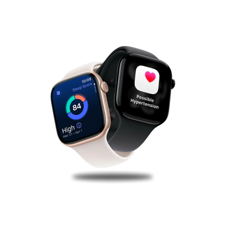 Two Apple Watch models displaying health features: one shows a sleep score of 84 with ‘High’ status, and the other displays a notification for possible hypertension.