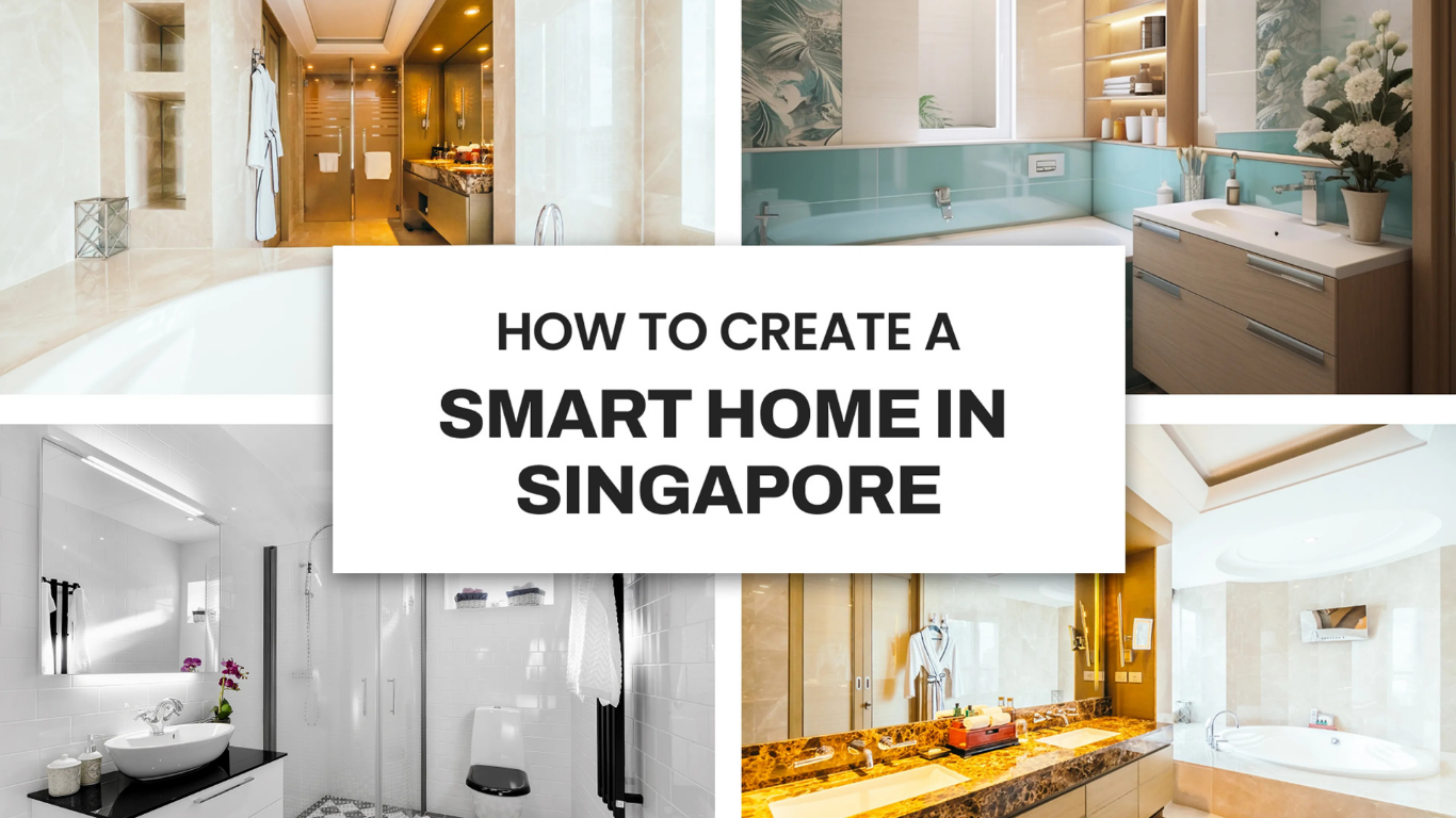 The photos are arranged in a grid, with two photos on the top and two on the bottom. A large white rectangular box with the black text "HOW TO CREATE A SMART HOME IN SINGAPORE" is superimposed over the center of the collage.
