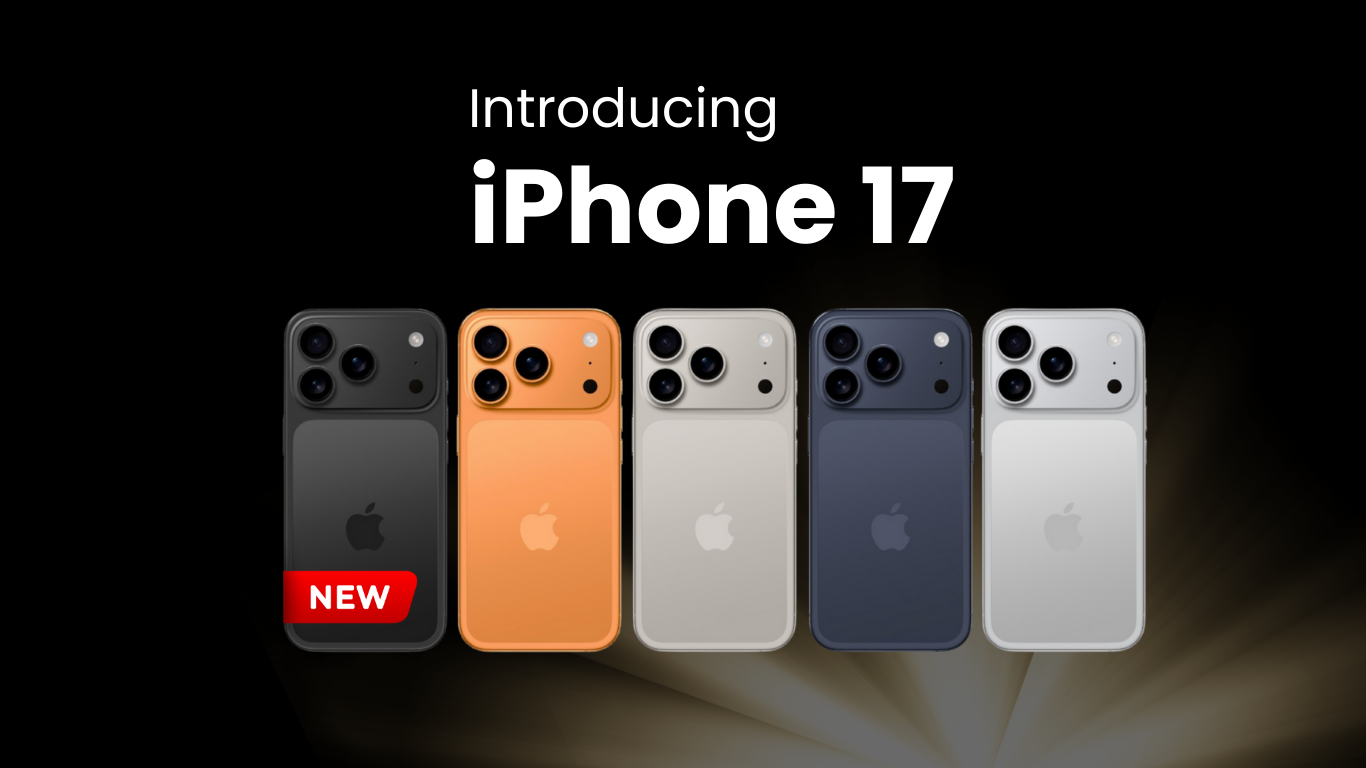 Introducing iPhone 17 – five models shown in black, orange, silver, dark blue, and white, with dual rear cameras and Apple logo on the back.