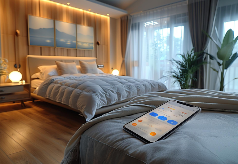 A low-angle shot of a modern, cozy bedroom with a large bed in the center. A smartphone lies on the blanket in the foreground, displaying a smart home app with controls for lighting, temperature, and other settings. The bed has a white duvet and several pillows, and the room features warm, ambient lighting. The walls behind the bed are paneled with light-colored wood, and there are three framed pictures hanging above the headboard. To the left and right of the bed, there are bedside tables with spherical lamps. Large windows with sheer curtains and a potted plant are visible on the right side of the room.