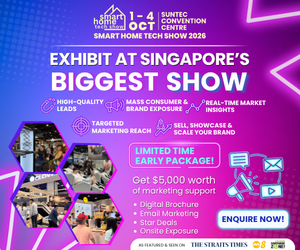 Promotional web banner for Smart Home Tech Show 2026 (1–4 Oct | Suntec Convention Centre) in a purple-pink futuristic design. Headline: “Exhibit at Singapore’s Biggest Show,” highlighting exhibitor benefits such as lead generation, consumer and brand exposure, market insights, targeted marketing, DIY smart home showcase and sales, plus a limited-time early package with $5,000 marketing support. Features event photos, marketing icons, and an “Enquire Now!” button.