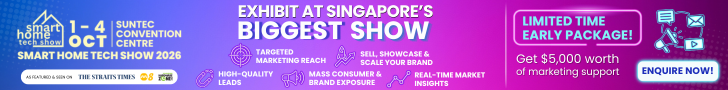 Promotional web banner for Smart Home Tech Show 2026 (1–4 Oct | Suntec Convention Centre) in a purple-pink futuristic design. Headline: “Exhibit at Singapore’s Biggest Show,” highlighting exhibitor benefits such as lead generation, consumer and brand exposure, market insights, targeted marketing, DIY smart home showcase and sales, plus a limited-time early package with $5,000 marketing support. Features event photos, marketing icons, and an “Enquire Now!” button.