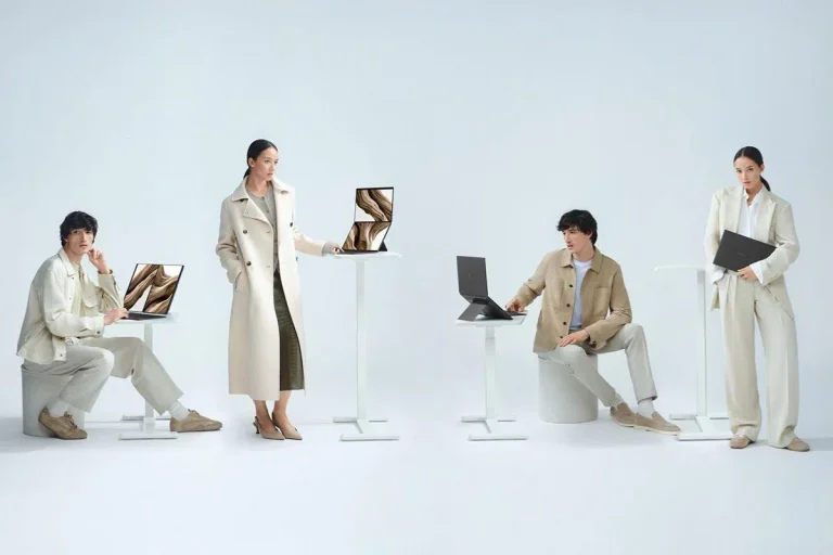 ASUS Zenbook Duo laptops displayed in various dual-screen and laptop modes, highlighting the versatility, portability, and productivity features of the latest ASUS Zenbook lineup.