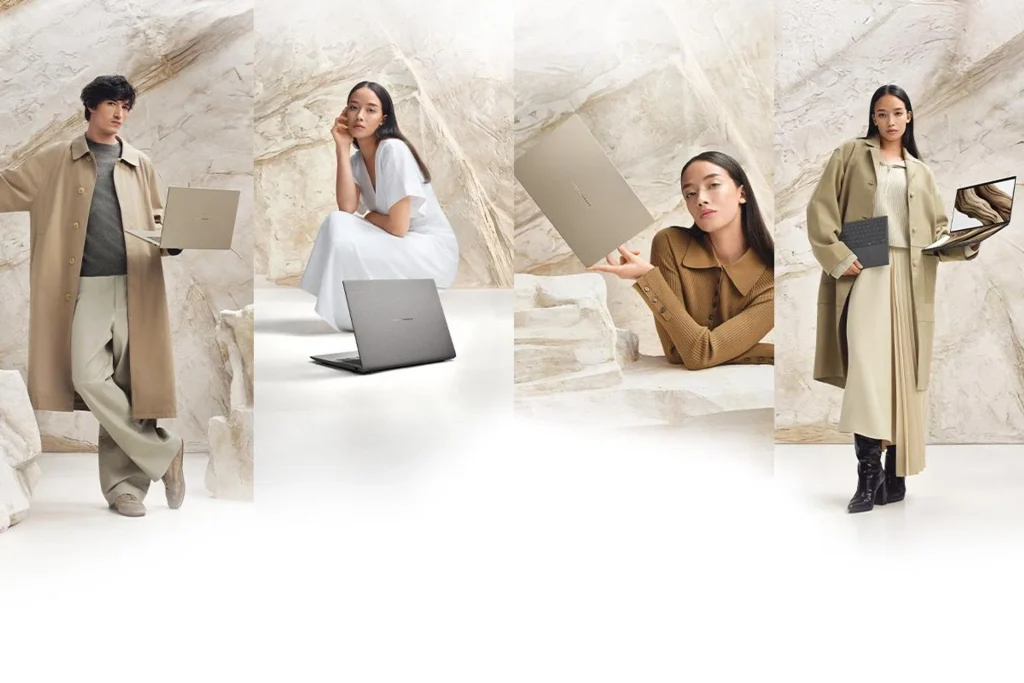 Models showcasing ASUS Zenbook laptops in a minimalist studio setting, highlighting the premium Ceraluminum design and sleek form factor of the latest Zenbook series.