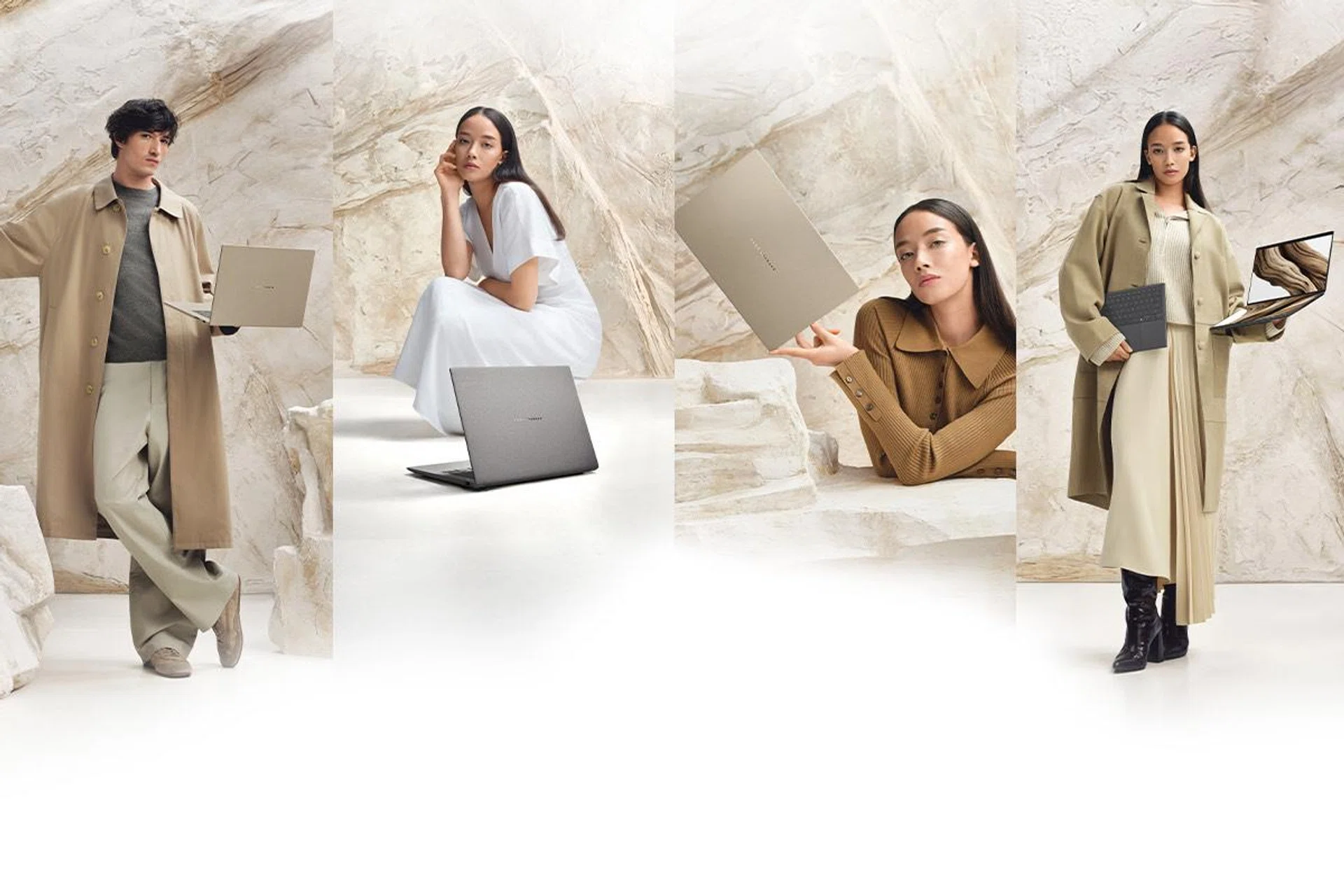 Models showcasing ASUS Zenbook laptops in a minimalist studio setting, highlighting the premium Ceraluminum design and sleek form factor of the latest Zenbook series.
