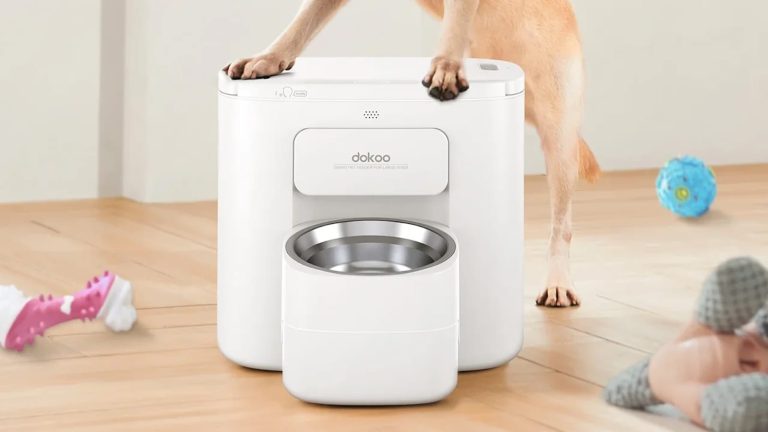 A white Dokoo automatic smart pet feeder for large dogs with a raised stainless steel bowl. A dog stands behind the feeder with its front paws resting on the top lid.