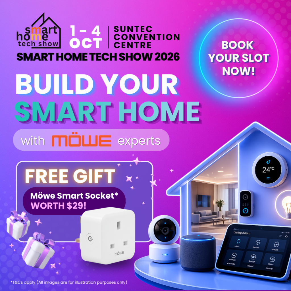 Promotional banner for Smart Home Tech Show 2026 featuring the Smart Home Tour by Möwe. Consumers can book a consultation with smart home experts from 1–4 October at Suntec Convention Centre and receive a free Möwe Smart Socket worth $29.