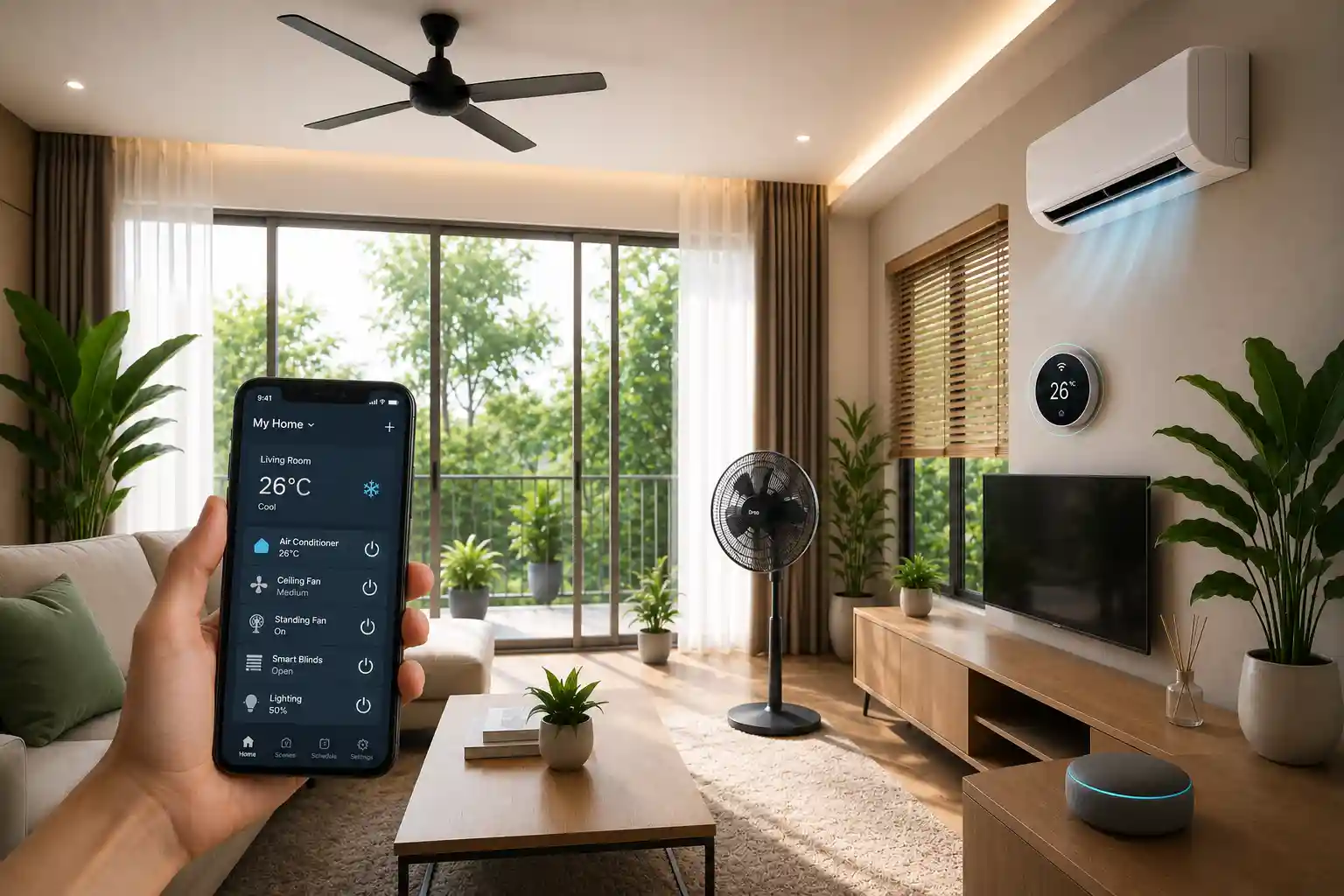 Modern smart home living room with ceiling fan, smart air conditioner, connected thermostat, and smartphone controlling home cooling through a smart home app.