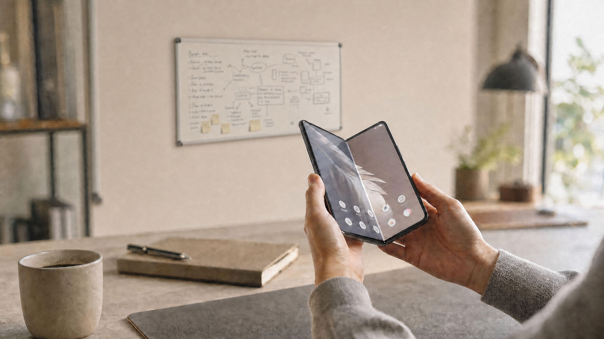 Hands unfolding a book-style foldable smartphone in a bright, minimalist office, with a whiteboard and coffee mug visible in the background.